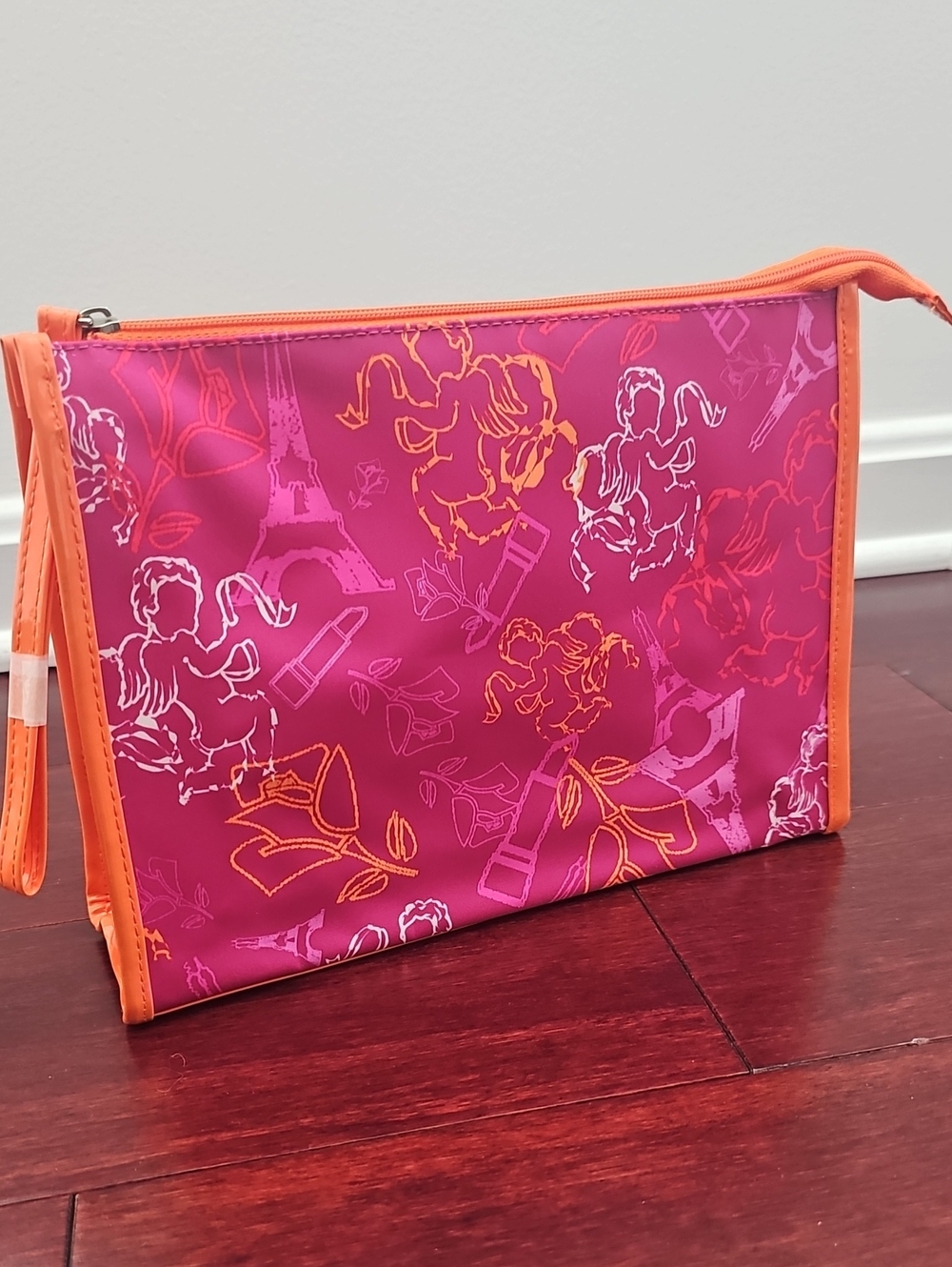 Lancome Floral & Eiffel Pink Toiletry Pouch with Orange Trim